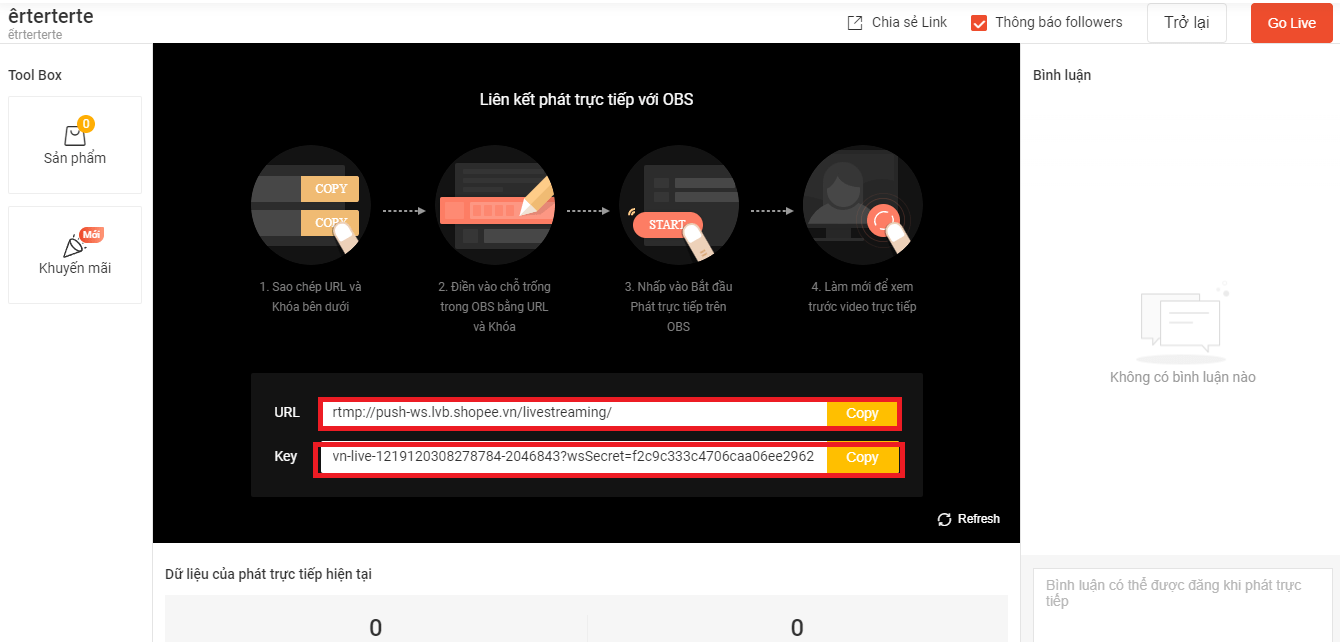 hướng dẫn thiết đặp url v&agrave; key shopeelive tr&ecirc;n m&aacute;y t&iacute;nh