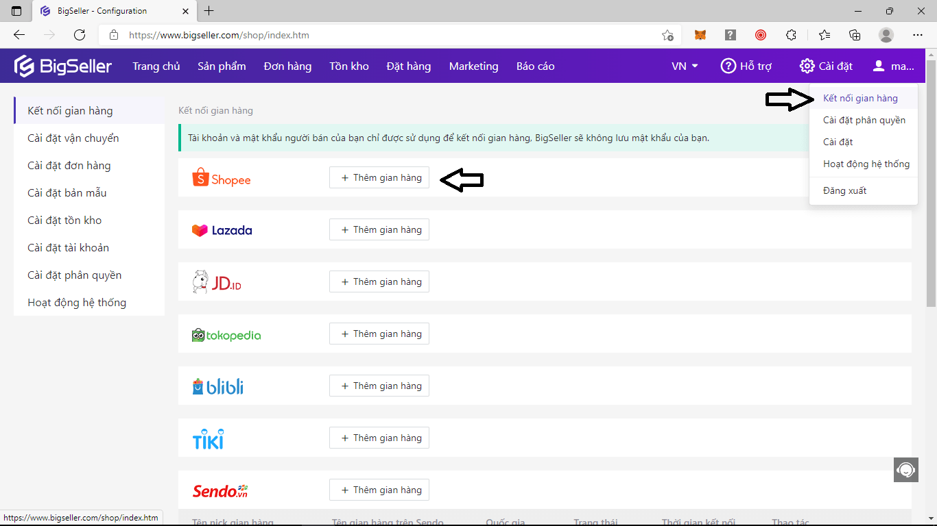 Hướng dẫn th&ecirc;m gian h&agrave;ng l&ecirc;n bigseller