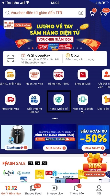 T&igrave;m shop quốc tế tr&ecirc;n trang chủ shopee