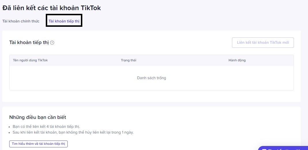 c&aacute;ch li&ecirc;n kết t&agrave;i khoản tiếp thị tiktok
